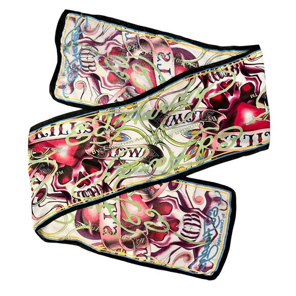 Ed Hardy x Christian Audigier Love Kills Slowly Long Scarf Y2K Skulls Hearts - Picture 6 of 8